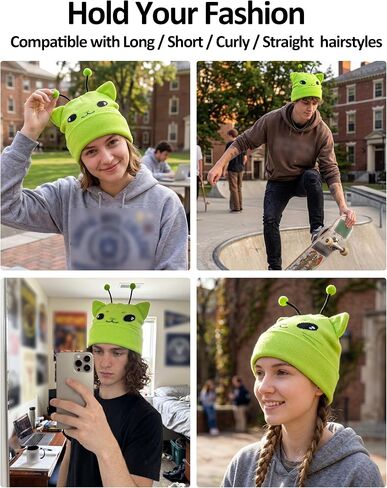 Alien Cat Ears Beanie, Green Hat Knit Meme Gifts Cute Funny Crazy Hats for Costume Accessories Adults in Saudi Arabia