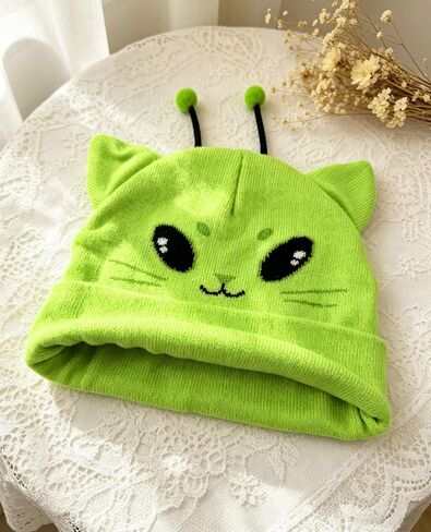 Alien Cat Ears Beanie, Green Hat Knit Meme Gifts Cute Funny Crazy Hats for Costume Accessories Adults in Saudi Arabia