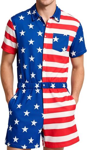 Men's 4th of July Hawaiian Romper Male Shorts Sleeve One Piece Casual Jumpsuit with Pocket in Saudi Arabia