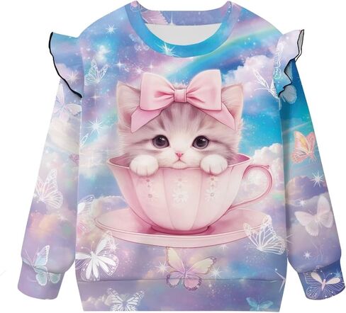 Dreaweet Girls Crewneck Sweatshirt Ruffle Shoulder Tops Lightweight Long Sleeve Sweatshirts for Toddler Youth 1-2T to 7-8Y in Kuwait