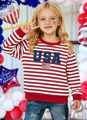 Kids USA Sweatshirt Girls Boys 4th of July Striped Long Sleeves Shirt American Flag Patriotic Pullover Tee Tops in Kuwait