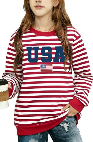 Kids USA Sweatshirt Girls Boys 4th of July Striped Long Sleeves Shirt American Flag Patriotic Pullover Tee Tops in Kuwait
