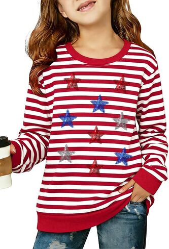 Kids USA Sweatshirt Girls Boys 4th of July Striped Long Sleeves Shirt American Flag Patriotic Pullover Tee Tops in Kuwait