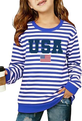 Kids USA Sweatshirt Girls Boys 4th of July Striped Long Sleeves Shirt American Flag Patriotic Pullover Tee Tops in Kuwait