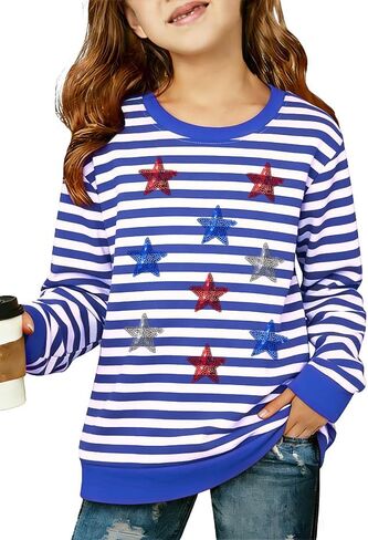Kids USA Sweatshirt Girls Boys 4th of July Striped Long Sleeves Shirt American Flag Patriotic Pullover Tee Tops in Kuwait