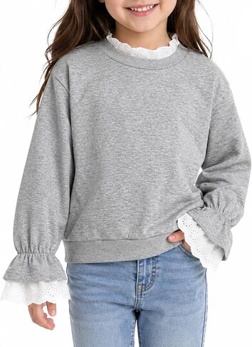 الفتيات Crewneck البلوز الدانتيل تقليم كشكش كم طويل البلوز القمم in Kuwait