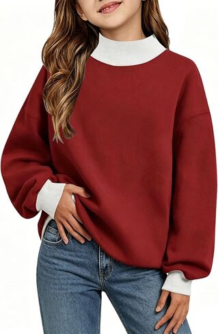 Girls Oversized Sweatshirts Color Block Turtleneck Fleece Pullover Tops Long Sleeve Loose Fall Fashion Outfits in Saudi Arabia