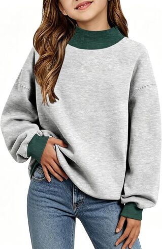 Girls Oversized Sweatshirts Color Block Turtleneck Fleece Pullover Tops Long Sleeve Loose Fall Fashion Outfits in Saudi Arabia