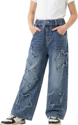 Baggy Jeans for Girls Wide Leg Ripped High Elastic Waisted Denim Pants Cute Summer Trousers Y2K Streetwear 3-14Y in Kuwait