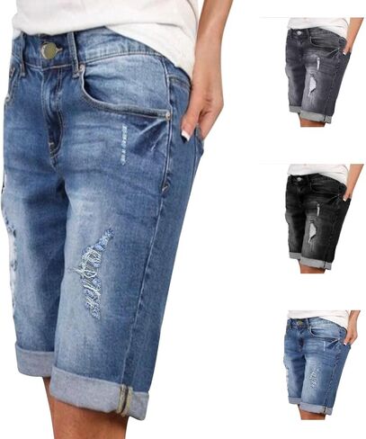 Plus Size Bermuda Shorts for Women Denim High Waisted Jean Shorts Knee Length Stretch Summer Ripped Distressed Pants in Saudi Arabia