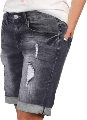 Plus Size Bermuda Shorts for Women Denim High Waisted Jean Shorts Knee Length Stretch Summer Ripped Distressed Pants in Saudi Arabia