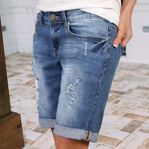 Plus Size Bermuda Shorts for Women Denim High Waisted Jean Shorts Knee Length Stretch Summer Ripped Distressed Pants in Saudi Arabia