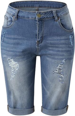 Plus Size Bermuda Shorts for Women Denim High Waisted Jean Shorts Knee Length Stretch Summer Ripped Distressed Pants in Saudi Arabia