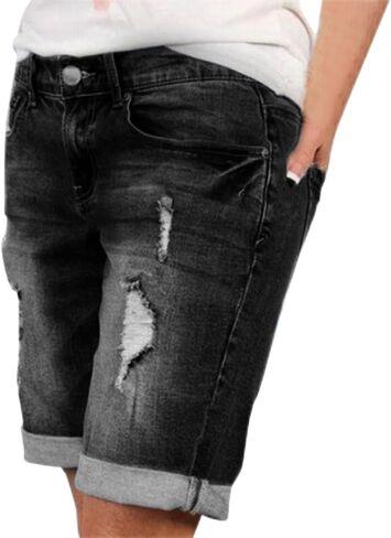 Plus Size Bermuda Shorts for Women Denim High Waisted Jean Shorts Knee Length Stretch Summer Ripped Distressed Pants in Saudi Arabia