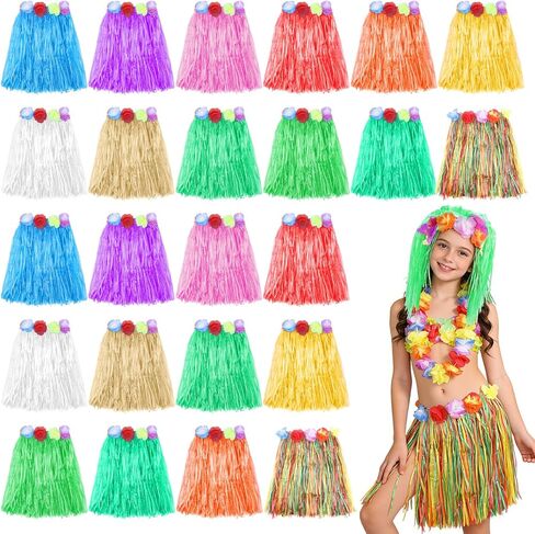 HOFASON 24 Pcs Girls Grass Skirt Hawaiian Luau Hula Skirts Bulk for Party Decorations Favors Supplies, Girls Kids Tropical Hibiscus Flowers Grass Skirt for Beach Luau Party, Birthday, Celebration in Saudi Arabia