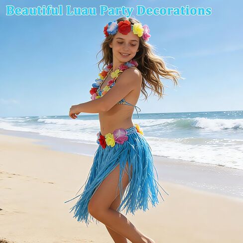 HOFASON 24 Pcs Girls Grass Skirt Hawaiian Luau Hula Skirts Bulk for Party Decorations Favors Supplies, Girls Kids Tropical Hibiscus Flowers Grass Skirt for Beach Luau Party, Birthday, Celebration in Saudi Arabia