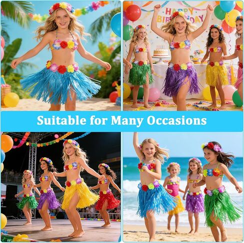 HOFASON 24 Pcs Girls Grass Skirt Hawaiian Luau Hula Skirts Bulk for Party Decorations Favors Supplies, Girls Kids Tropical Hibiscus Flowers Grass Skirt for Beach Luau Party, Birthday, Celebration in Saudi Arabia