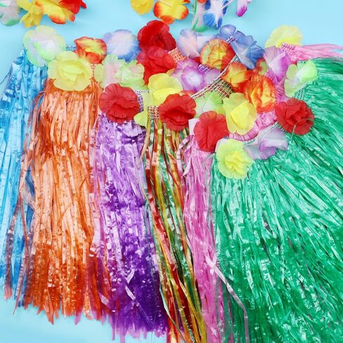 HOFASON 24 Pcs Girls Grass Skirt Hawaiian Luau Hula Skirts Bulk for Party Decorations Favors Supplies, Girls Kids Tropical Hibiscus Flowers Grass Skirt for Beach Luau Party, Birthday, Celebration in Saudi Arabia