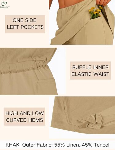 Gozoloma Women's Cotton Linen Cute Mini Skirt Ruffle Inner Waist A Line Skort with a Left Pocket(Khaki-Small) in Saudi Arabia