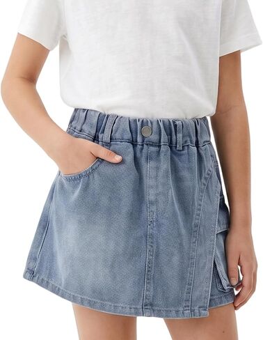 Big Girls Denim Skort Pull On Elastic High Waist Jean Skirt with Built in Safety Shorts Kids School Uniform 5-16 Years in Kuwait