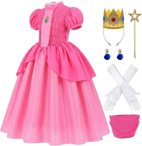 Pink Princess Themed Outfit for Girls Dress Set with Crown Wand Bag Gloves Earrings Royal Dress Up Outfit in Saudi Arabia