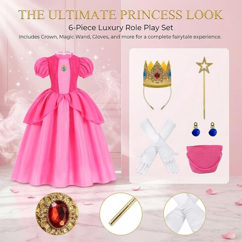 Pink Princess Themed Outfit for Girls Dress Set with Crown Wand Bag Gloves Earrings Royal Dress Up Outfit in Saudi Arabia