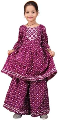 Traditional Bandhani Print Girls Sharara Suit, Burgundy with White Geometric Pattern, in Saudi Arabia