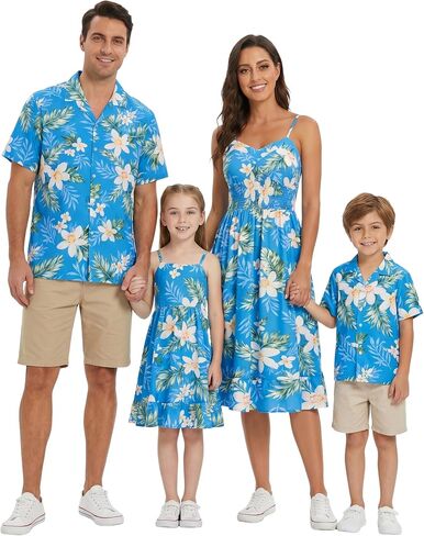 AWIBMK Hawaiian Family Matching Outfits Mother Daughter Tropical Dresses Father Son Shirts for Beach Vacation Luau Party in Kuwait