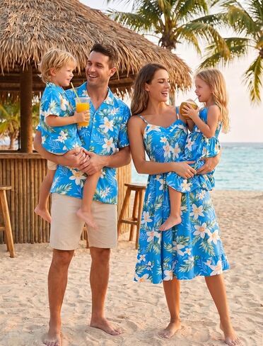 AWIBMK Hawaiian Family Matching Outfits Mother Daughter Tropical Dresses Father Son Shirts for Beach Vacation Luau Party in Kuwait