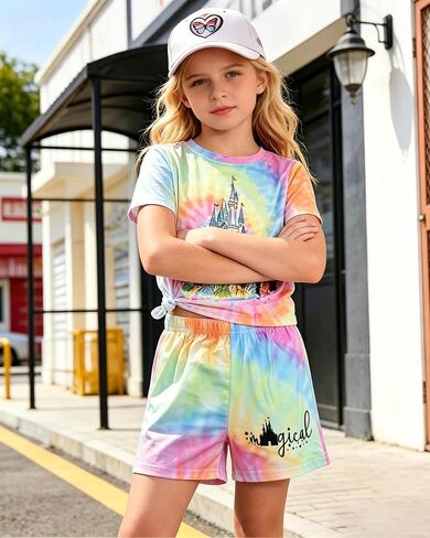 Magic Kingdom Princess Outfits For Girl Castle Tie Dye Graphic Set Casual Family Vacation 2 Piece Outfits in Saudi Arabia