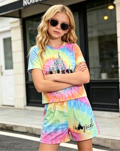 Magic Kingdom Princess Outfits For Girl Castle Tie Dye Graphic Set Casual Family Vacation 2 Piece Outfits in Saudi Arabia