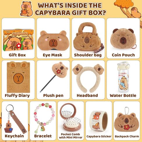 Capybara Gifts Box, Cute Capybara Toy for Girls Kids for Back to School, Birthday, of Shoulder Bag, Coin Purch, Water Bottle, Eye Mask, Bracelet, Pocket Comb in Kuwait
