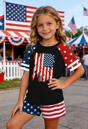 Kids USA Shorts Girls Boys American Flag Stars Stripes Printed Red White Short 4th of July Outfits in Kuwait