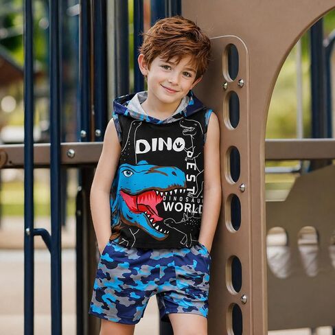 Little Boy Summer Outfits Dinosaur Hooded Tank Top and Blue Camo Shorts 2Pcs Clothes Set for 4-7 Years in Kuwait