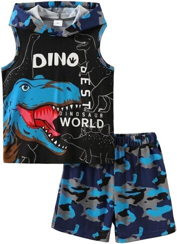 Little Boy Summer Outfits Dinosaur Hooded Tank Top and Blue Camo Shorts 2Pcs Clothes Set for 4-7 Years in Kuwait