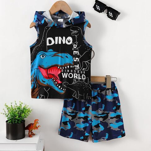 Little Boy Summer Outfits Dinosaur Hooded Tank Top and Blue Camo Shorts 2Pcs Clothes Set for 4-7 Years in Kuwait