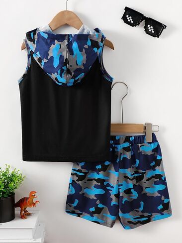 Little Boy Summer Outfits Dinosaur Hooded Tank Top and Blue Camo Shorts 2Pcs Clothes Set for 4-7 Years in Kuwait