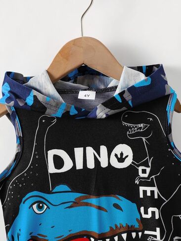 Little Boy Summer Outfits Dinosaur Hooded Tank Top and Blue Camo Shorts 2Pcs Clothes Set for 4-7 Years in Kuwait