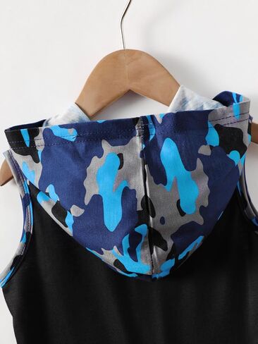 Little Boy Summer Outfits Dinosaur Hooded Tank Top and Blue Camo Shorts 2Pcs Clothes Set for 4-7 Years in Kuwait