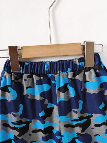 Little Boy Summer Outfits Dinosaur Hooded Tank Top and Blue Camo Shorts 2Pcs Clothes Set for 4-7 Years in Kuwait