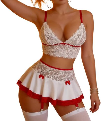Women's Lace Two Piece Set Camisole Crop Top Mini Ruffle Skirt Adjustable Spaghetti Strap Sheer Lingerie in Kuwait