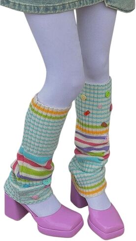 Cute Rainbow Leg Warmers for Women - Y2K Striped Knit Button Legwarmers for Fall Dancers, Goth Punk in Saudi Arabia