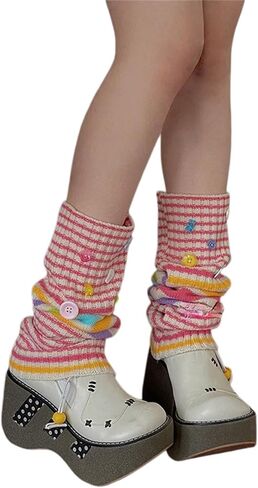 Cute Rainbow Leg Warmers for Women - Y2K Striped Knit Button Legwarmers for Fall Dancers, Goth Punk in Saudi Arabia