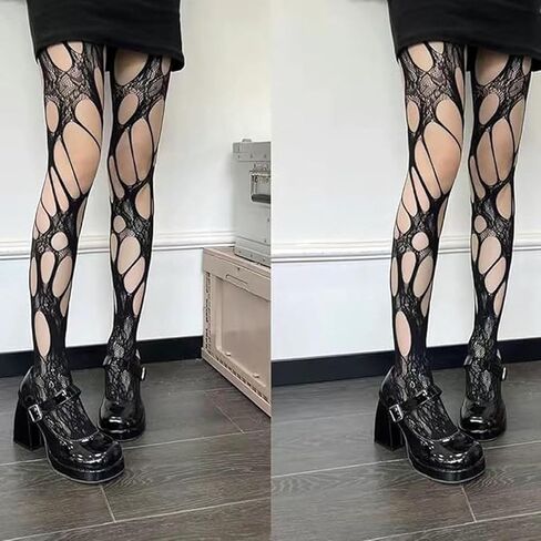 Women's Ripped Fishnet Tights, Gothic Punk Irregular Hollow Out Mesh Stockings, Stretchy Pantyhose for Cosplay, Masquerade & Carnival Party Supplies in Saudi Arabia
