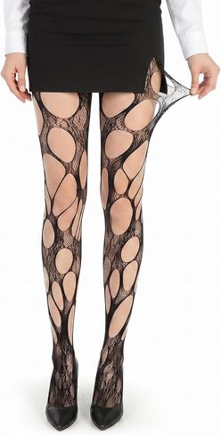 Halloween Women's Ripped Gothic Tights, Irregular Hole Hollow Mesh Tights Stockings, Ripped Fishnet Tight, Stretchy Lace Pantyhose Hosiery for Y2k, Lolita, and Cosplay Party Accessories, Black in Kuwait