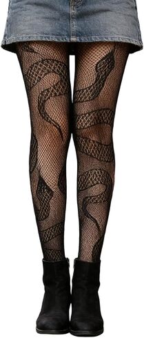Women's Patterned Fishnet Tights Snake Lace High Waist Pantyhose Stockings Rave Black Stretchy Snake Design Leggings for Women Cosplay Party Daily Wear in Kuwait