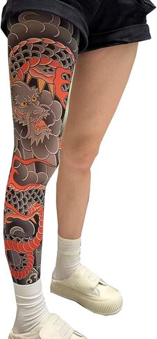 3D Printed Tights Personality Single-leg Printed Stockings Ultra-thin Realistic Tattoos Prints Tights （Single-leg） in Kuwait