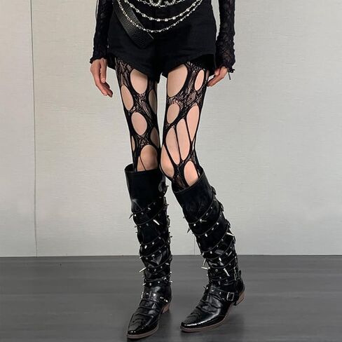 2 Pair Halloween Ripped Fishnet Tights Gothic Punk Irregular Hole Hollow Out Mesh Y2k Lace Pantyhose for Women Cosplay Party Accessories (Black, Brown) in Saudi Arabia