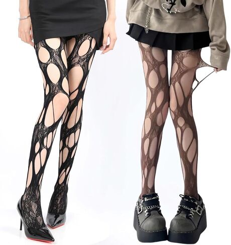 2 Pair Halloween Ripped Fishnet Tights Gothic Punk Irregular Hole Hollow Out Mesh Y2k Lace Pantyhose for Women Cosplay Party Accessories (Black, Brown) in Saudi Arabia