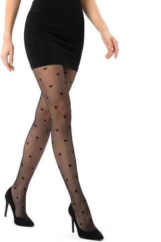 Heart Tights, Black Fishnet Pattern Tights with Hearts & Polka Dots for Women – Sexy Sheer Pantyhose Stockings One Size in Saudi Arabia